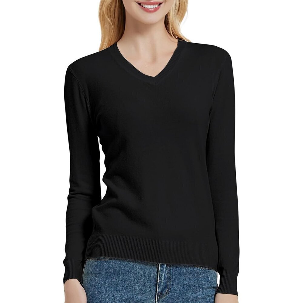 Women's Knit V-Neck Sweater Long Sleeve Classic Pullover Small